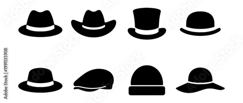 Vintage hat icons set, 8 classic headwear silhouettes, retro fashion vector elements