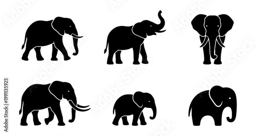 Elephant silhouette vector set, 6 black animal icons, wild elephant safari graphics