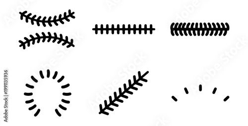 Baseball stitches vector set, black softball seam icons, 6 sports embroidery elements