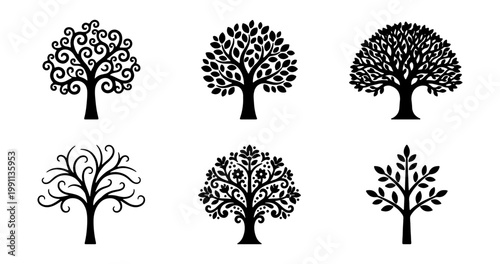 Photos Black tree silhouettes, 6 decorative nature icons, floral and swirl tree vector