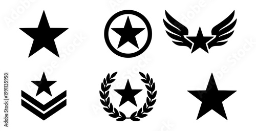 Military star icons set, black army rank symbols, 6 vector insignia elements for logos