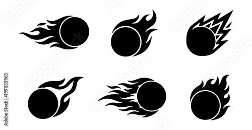 Photos Fireball silhouette icons set, flaming comet vector shapes, 6 black fire ball gr