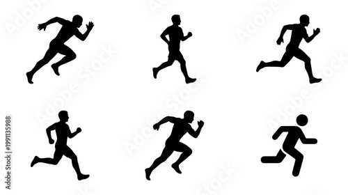 Athletic running man silhouettes, 6 sprinting male icons, black sport vector set