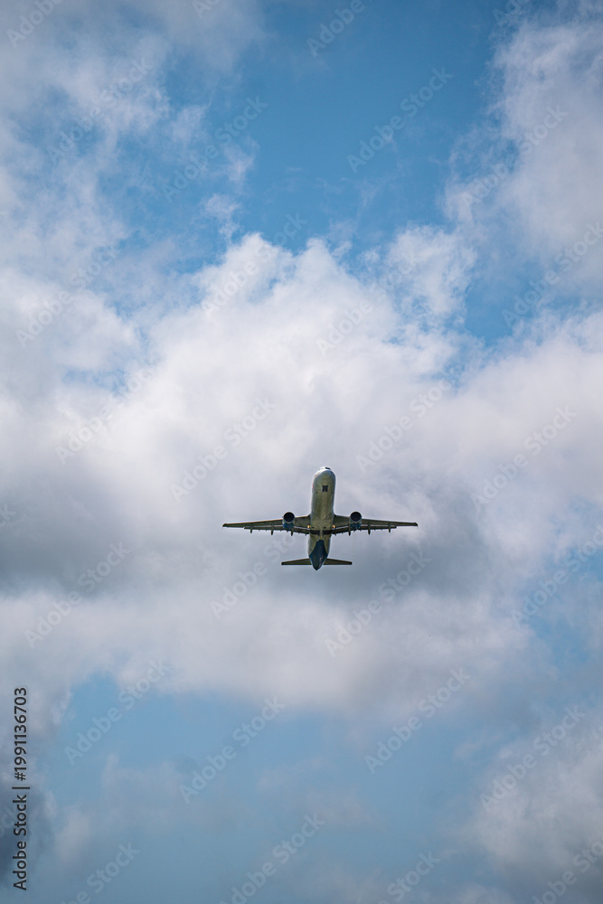 Fototapeta premium Passenger airplane flying in cloudy blue sky