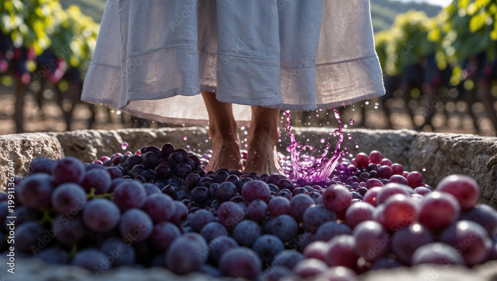 Fototapeta premium Close up of a woman's bare feet treading red grapes in a stone vat with juice splashing up in a sunny vineyard