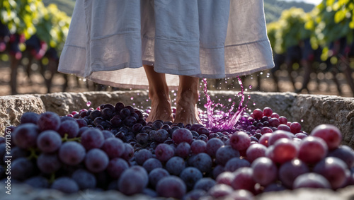 Close up of a woman's bare feet treading red grapes in a stone vat with juice splashing up in a sunny vineyard