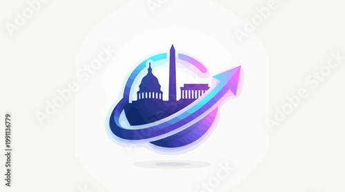 Abstract illustration of Washington DC landmarks with an upward arrow.