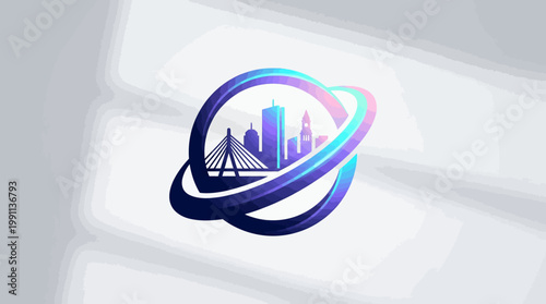 Abstract Cityscape Logo with Bridge and Skyscrapers on White Background.