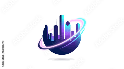 Abstract Cityscape Silhouette with Glowing Orbital Rings on White Background.