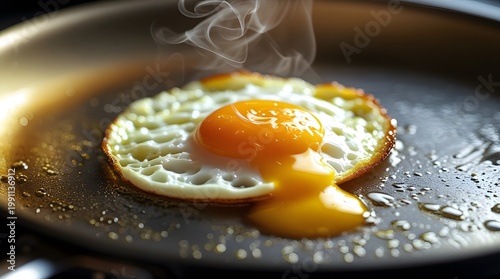 Close Up of Fried Egg Sizzling on Hot Pan with Runny Yolk