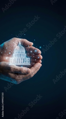Hands protecting glowing capitol building hologram with sparkling lights on dark blue background representing government security and political protection.