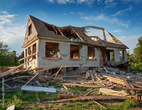 a destroyed house with severe structural damage