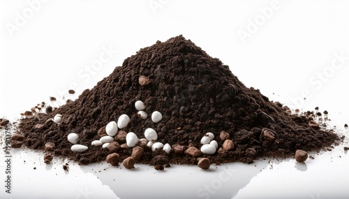 pile of dark potting soil with perlite on a white background