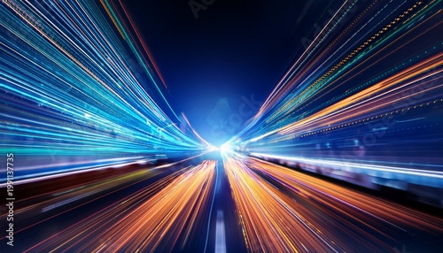 futuristic motion blur of abstract light trails representing high speed data and fiber optics