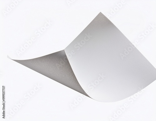 a single sheet of white paper floating or flying in the air with a curled corner isolated on white background