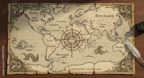 Vintage antique world map on parchment paper with aged texture and geographic details
