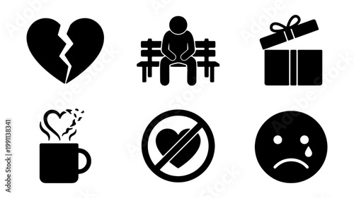 Sadness and heartbreak icons set. Broken heart and lonely man vector.