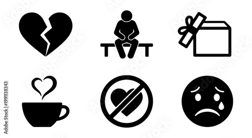 Sadness and heartbreak icon set, 6 black vector symbols, lonely man and broken heart