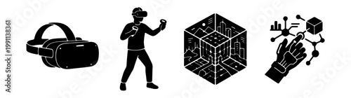 Virtual reality icons set, VR headset and metaverse gaming vector elements