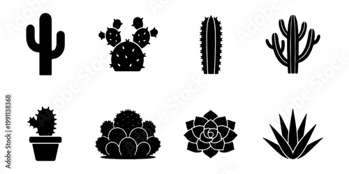Minimalist cactus icon set, black desert plant silhouettes, 8 vector icons