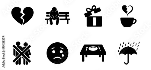 Sadness and heartbreak icons, 8 depression vector symbols, grief set
