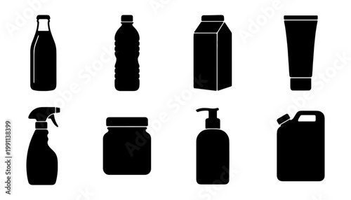 Minimalist packaging icons, 8 black bottle silhouettes, product containers