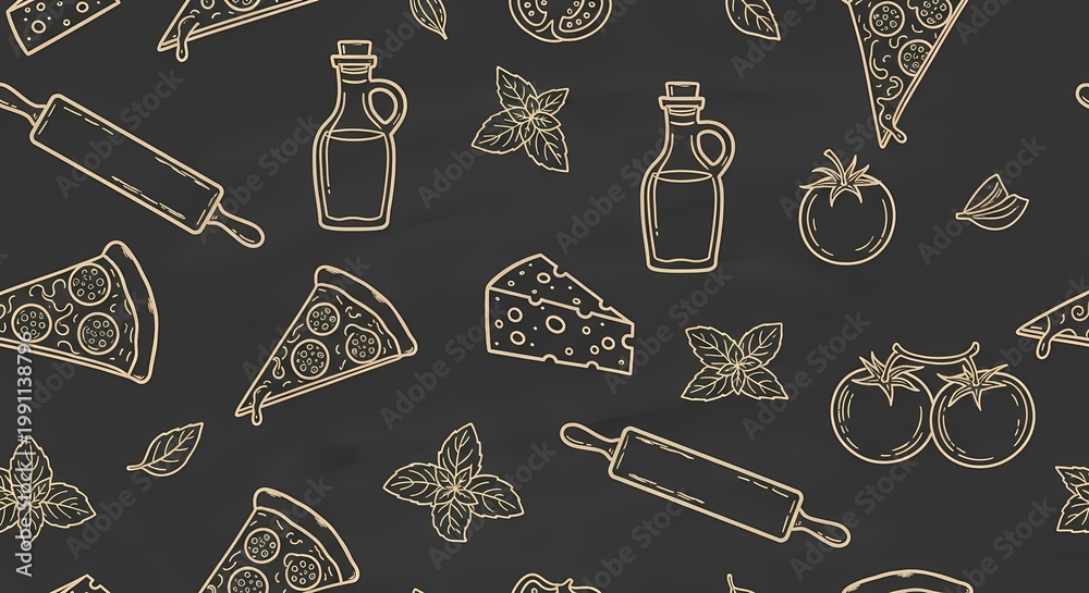 Hand drawn pizza food icons set on blackboard seamless pattern vector illustration
