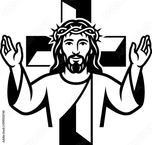 Jesus Christ Savior Portrait with Cross and Crown of Thorns Vector Silhouette Illustration Cricut EPS