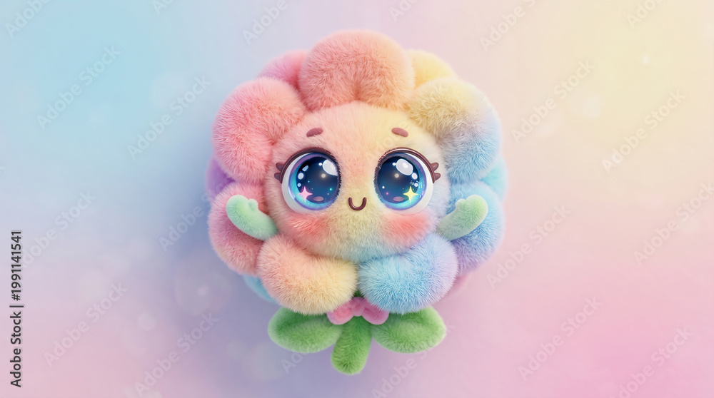 Fototapeta premium Cute fluffy rainbow flower character with big blue eyes and green leaves on pastel gradient background