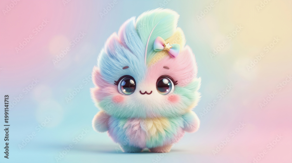 Obraz premium Cute fluffy rainbow creature with big eyes and bow stands against soft pastel gradient background in 3d render style