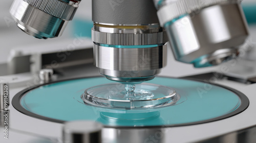High-precision laboratory microscope focusing on a specialized petri dish for advanced scientific research and microscopic examination in a clinical setting
