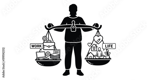 Person balancing work and life with scales and symbols