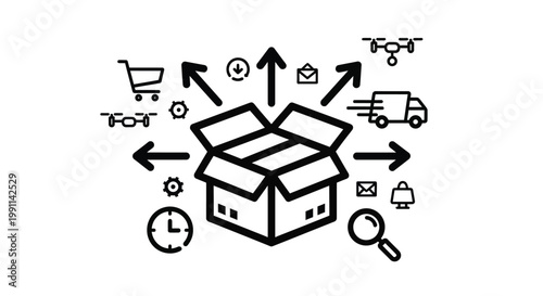 Shipping and delivery icons surrounding an open cardboard box with arrows