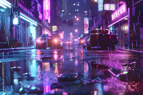 Neo night street, glowing holograms, rain reflections.