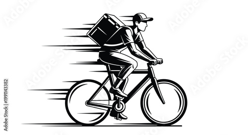 Delivery cyclist riding fast with insulated bag on back for food transport