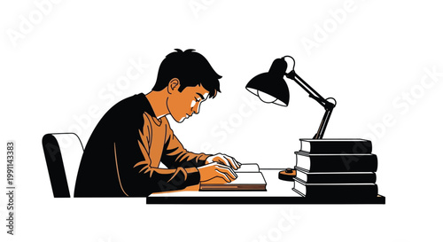 Young student focused on writing in notebook under desk lamp with stack of books nearby him