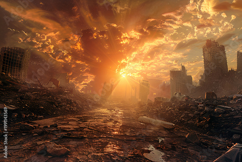 Destruction of houses and fleeing people on the day of the apocalypse