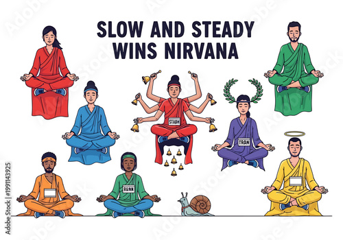 Buddha Purnima meditation concept illustration. Diverse people sitting in lotus pose seeking spiritual nirvana.