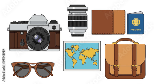 Essential Travel Gear and Photography Kit Vector Illustration
