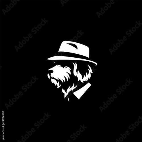 Stylish dog silhouette wearing fedora hat, elegant and modern mascot design in monochrome, creative vector illustration isolated on dark background