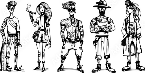 Stylish Urban Hipster People Illustration Collection with Colorful Clothing, Fashion Accessories, and Artistic Character Design