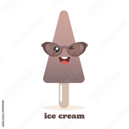Cheerful cartoon illustration of a chocolate ice cream popsicle with a smiling face, winking eye, and stylish brown sunglasses. 