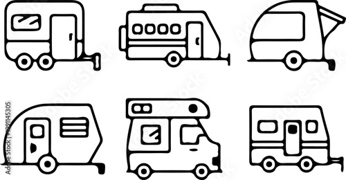 Ultra-Thin Line Vector Graphics of Various Camping Trailers and Recreational Vehicles for Modern Infographics and Outdoor Adventure Map Icons