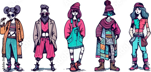 Urban Hipster People Illustration Set Showing Trendy Streetwear Fashion, Tattooed Characters, and Modern Youth Culture in Colorful Art Style