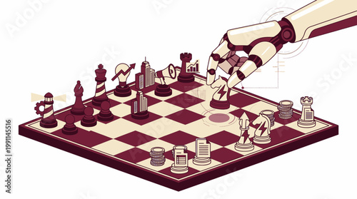 Robot Hand Playing Chess Strategy Board Game with Business Icons