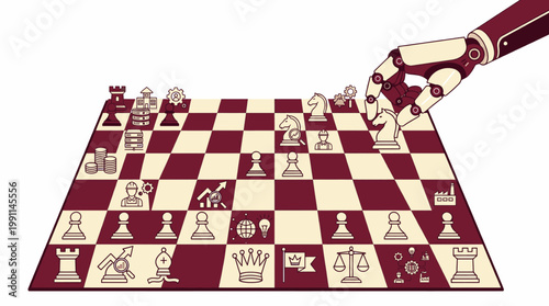 Strategy Game on a Business Technology Chessboard with a Robotic Arm Making Moves Representing Future Automation