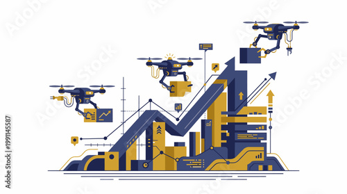 Drones Delivering Packages on a Rising Business Graph for Growth Concept