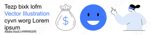 Finance, business strategy, positive mindset, savings, investment, earning potential. Money bag with dollar sign, smiling face icon business person gesturing. Finance and business strategy concept