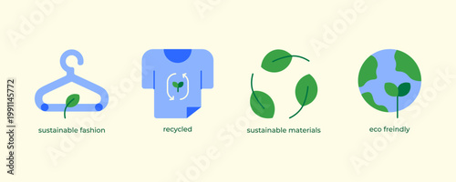 Sustainable Fashion Flat Style Icons Set Eco Materials Recycled Clothing Symbols