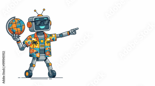 Robot Travel Guide Pointing Towards Global Vacation Destinations for Futuristic Holiday Planning
